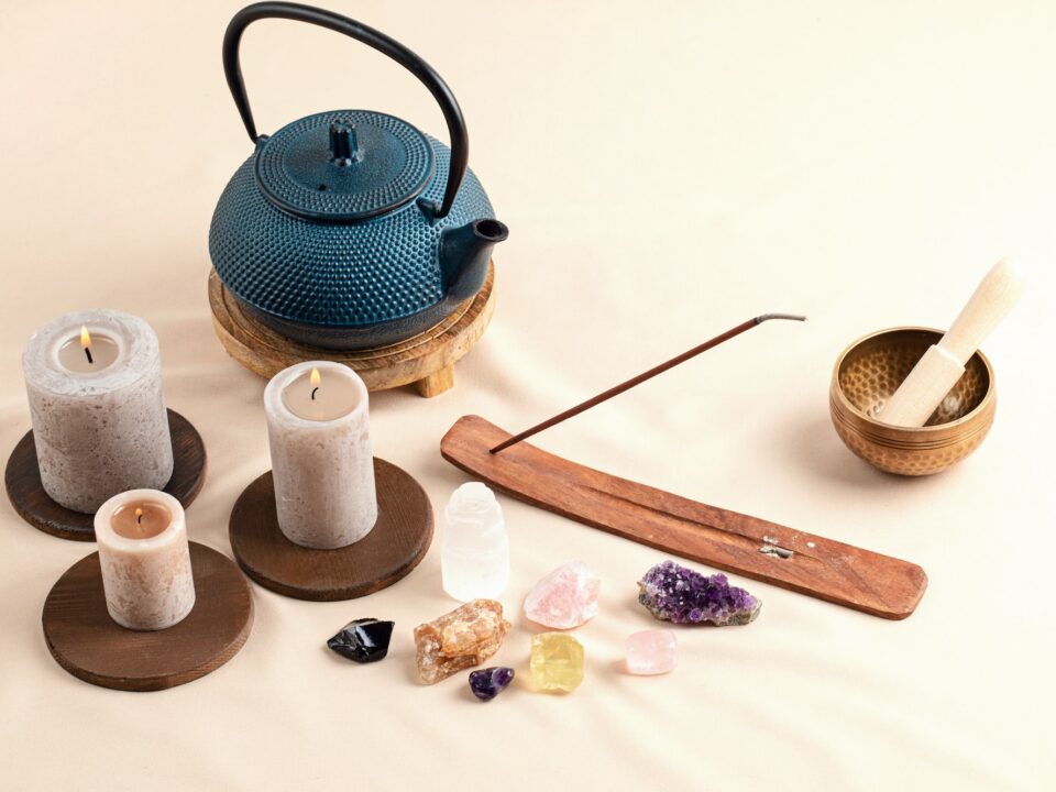 Healing chakra crystals therapy. Alternative rituals, gemstones for wellbeing, meditation, destress